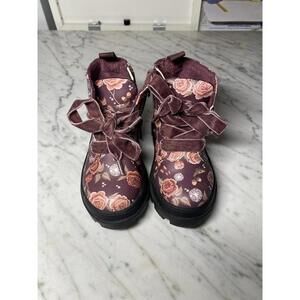 H&M girls floral print burgundy combat boots size 6.5